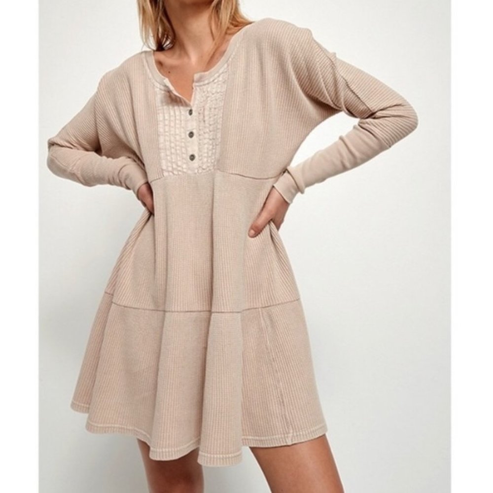 Free People FP One Jolene Tiered Waffle Knit Henley Mini Dress Size S